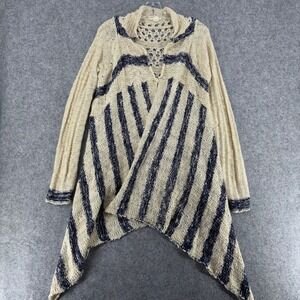 Double Zero Cream Navy Striped Open Knit Sharkbite Cardigan Sweater Women Medium